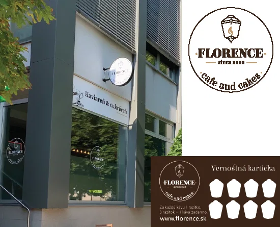 Označenie prevádzky, logo a vernostná kartička Florence Café